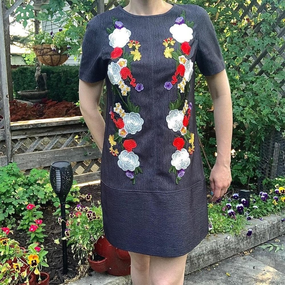 nicole miller embroidered floral denim mini shift dress sz 8
